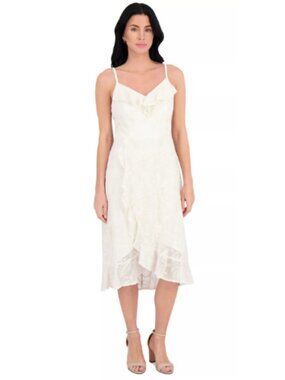 Kensie Lace High Low Sand Beige V Neck Ruffle Event Wedding Formal Dress Size 4